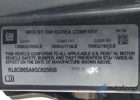 2016 Chevrolet Spark Ls Cvt from USA, damaged, VIN KL8CB6SA9GC625658